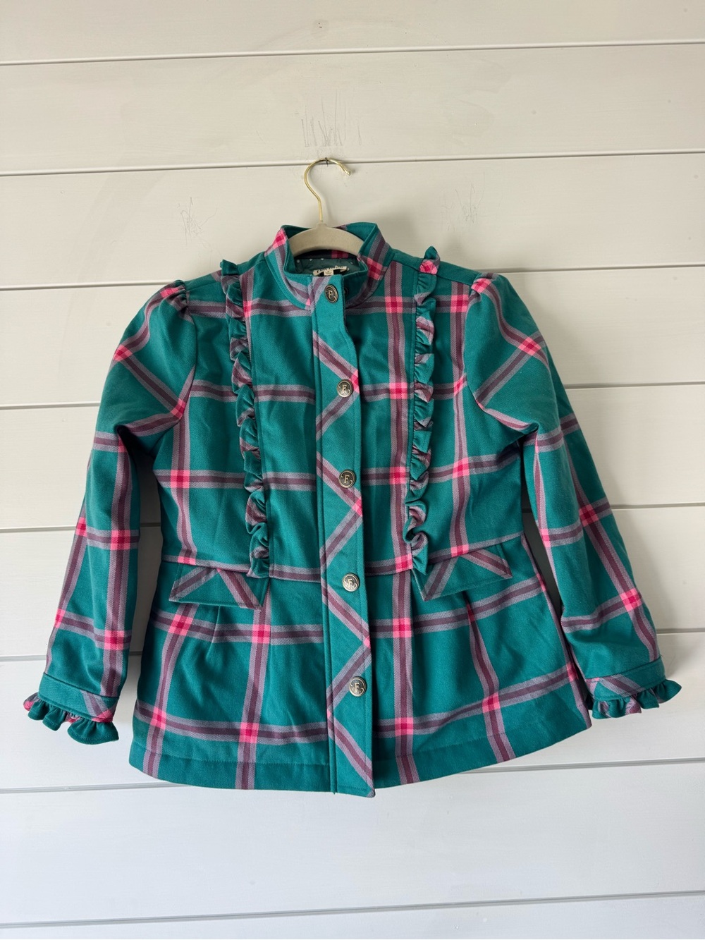 Find Foxtale size 8 center stage green and pink plaid quilted lined jacket!
